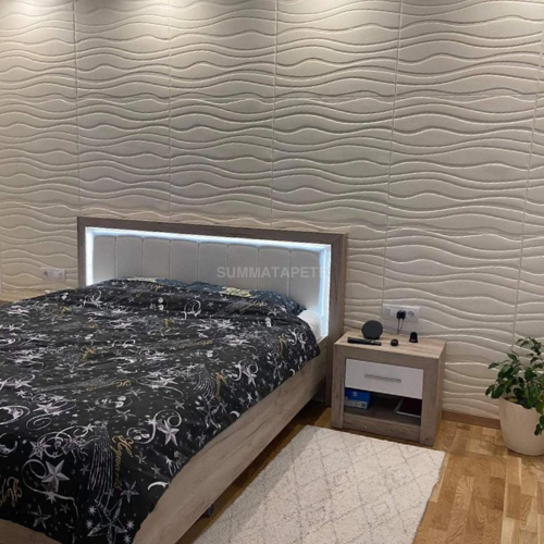 3D tapete - Soft roll talasi u beloj boji postavljen u spavaćoj sobi na zid iza kreveta.